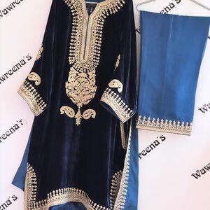 Elegant Blue and Gold Embroidered Kaftan Set